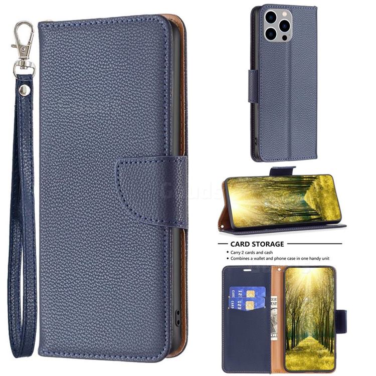 Classic Luxury Litchi Leather Phone Wallet Case for iPhone 14 Pro Max (6.7 inch) - Blue