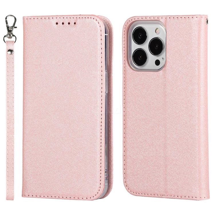 Ultra Slim Magnetic Automatic Suction Silk Lanyard Leather Flip Cover for iPhone 14 Pro Max (6.7 inch) - Rose Gold