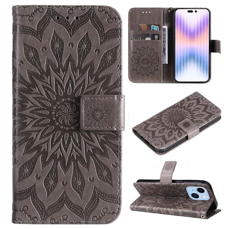 Embossing Sunflower Leather Wallet Case for iPhone 14 Pro Max (6.7 inch) - Gray
