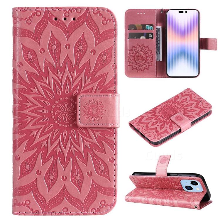 Embossing Sunflower Leather Wallet Case for iPhone 14 Pro Max (6.7 inch) - Pink