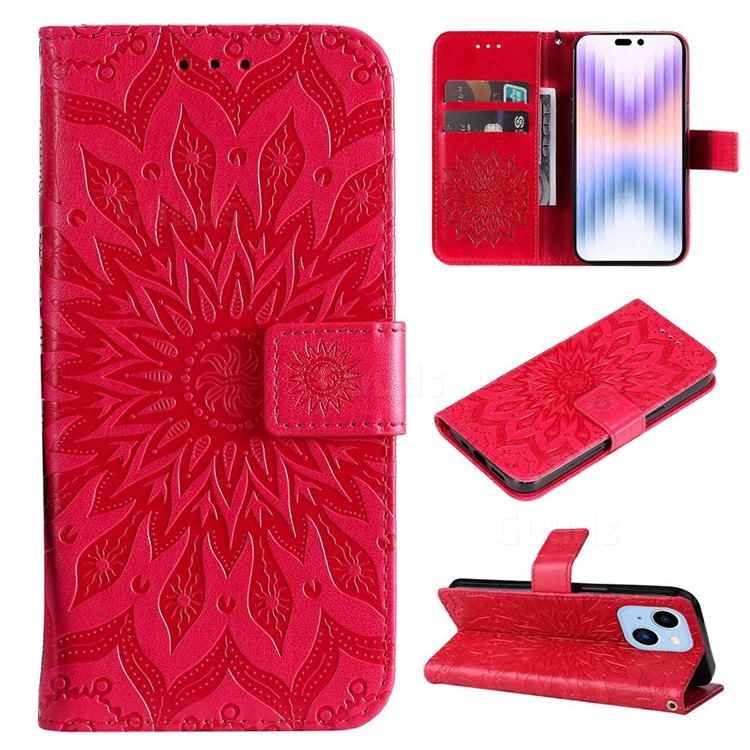 Embossing Sunflower Leather Wallet Case for iPhone 14 Pro Max (6.7 inch) - Red
