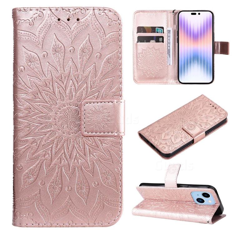 Embossing Sunflower Leather Wallet Case for iPhone 14 Pro Max (6.7 inch) - Rose Gold