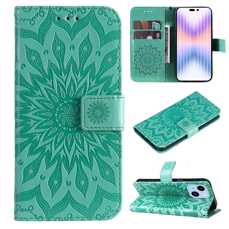 Embossing Sunflower Leather Wallet Case for iPhone 14 Pro Max (6.7 inch) - Green
