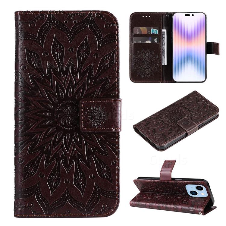 Embossing Sunflower Leather Wallet Case for iPhone 14 Pro Max (6.7 inch) - Brown
