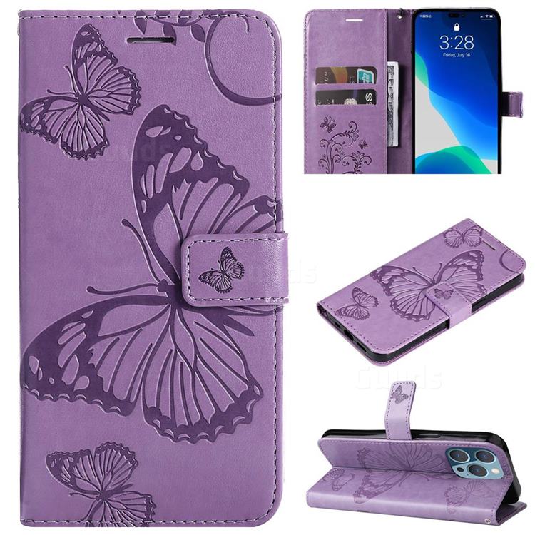 Embossing 3D Butterfly Leather Wallet Case for iPhone 14 Pro Max (6.7 inch) - Purple