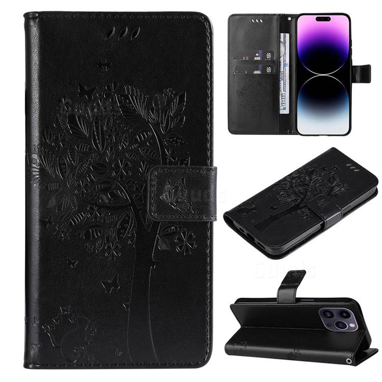 Embossing Butterfly Tree Leather Wallet Case for iPhone 14 Pro Max (6.7 inch) - Black