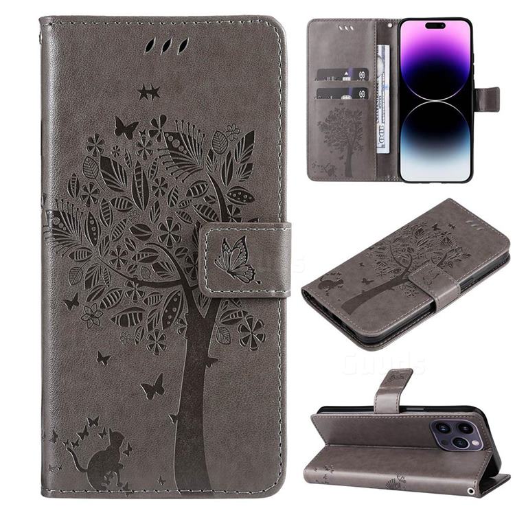 Embossing Butterfly Tree Leather Wallet Case for iPhone 14 Pro Max (6.7 inch) - Grey