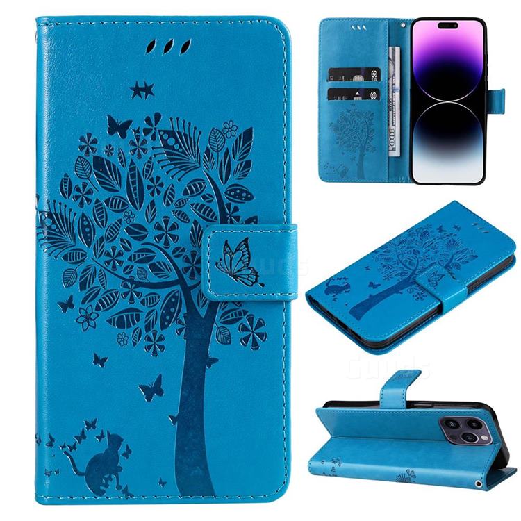 Embossing Butterfly Tree Leather Wallet Case for iPhone 14 Pro Max (6.7 inch) - Blue