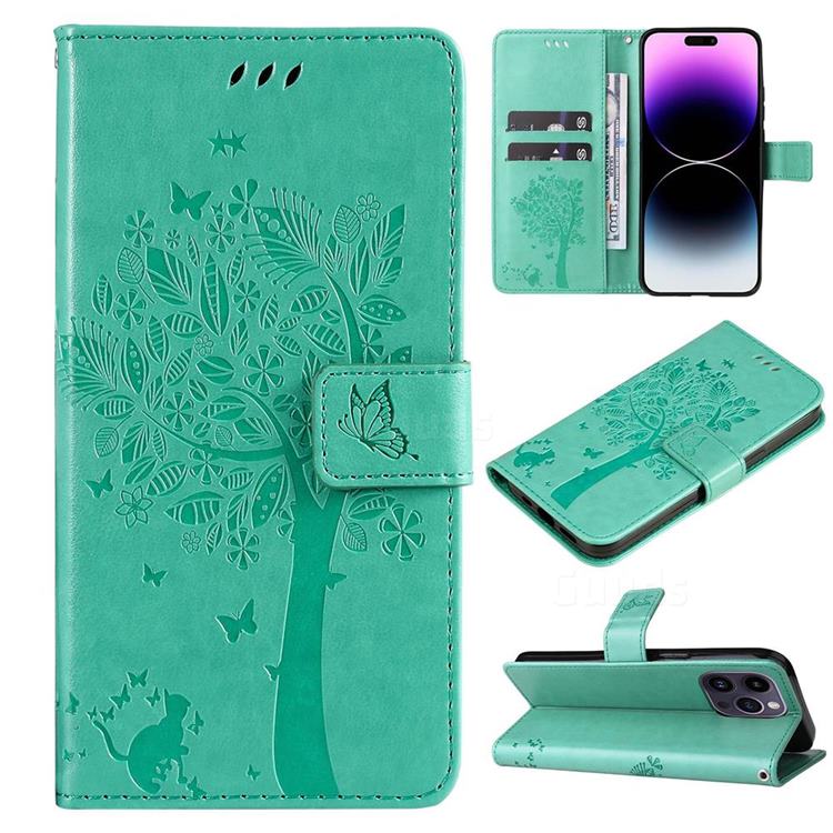 Embossing Butterfly Tree Leather Wallet Case for iPhone 14 Pro Max (6.7 inch) - Cyan