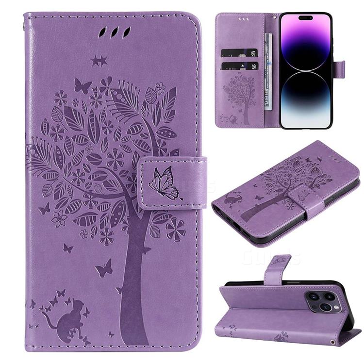 Embossing Butterfly Tree Leather Wallet Case for iPhone 14 Pro Max (6.7 inch) - Violet