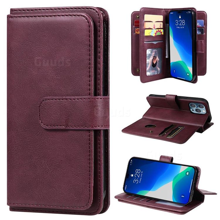 Multi-function Ten Card Slots and Photo Frame PU Leather Wallet Phone Case Cover for iPhone 14 Pro Max (6.7 inch) - Claret