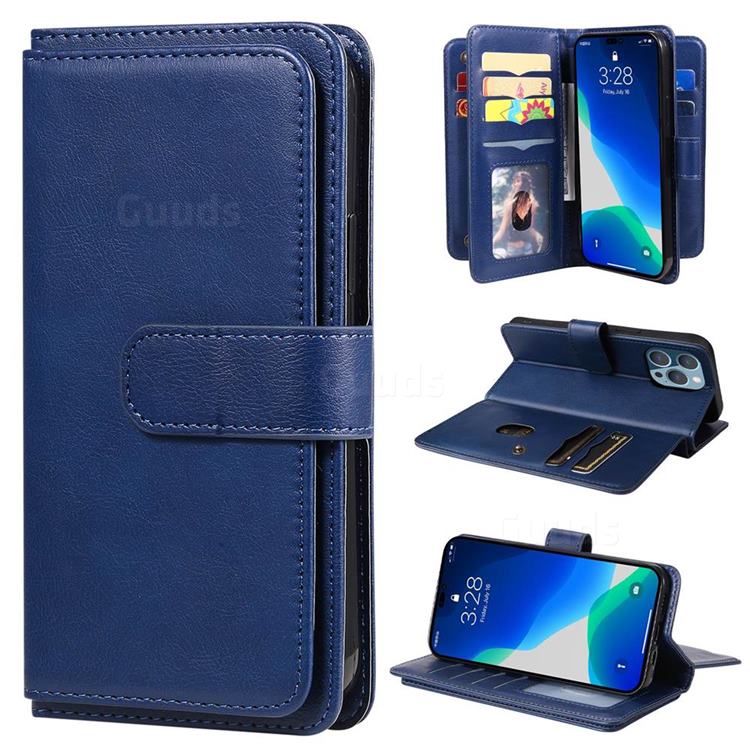 Multi-function Ten Card Slots and Photo Frame PU Leather Wallet Phone Case Cover for iPhone 14 Pro Max (6.7 inch) - Dark Blue