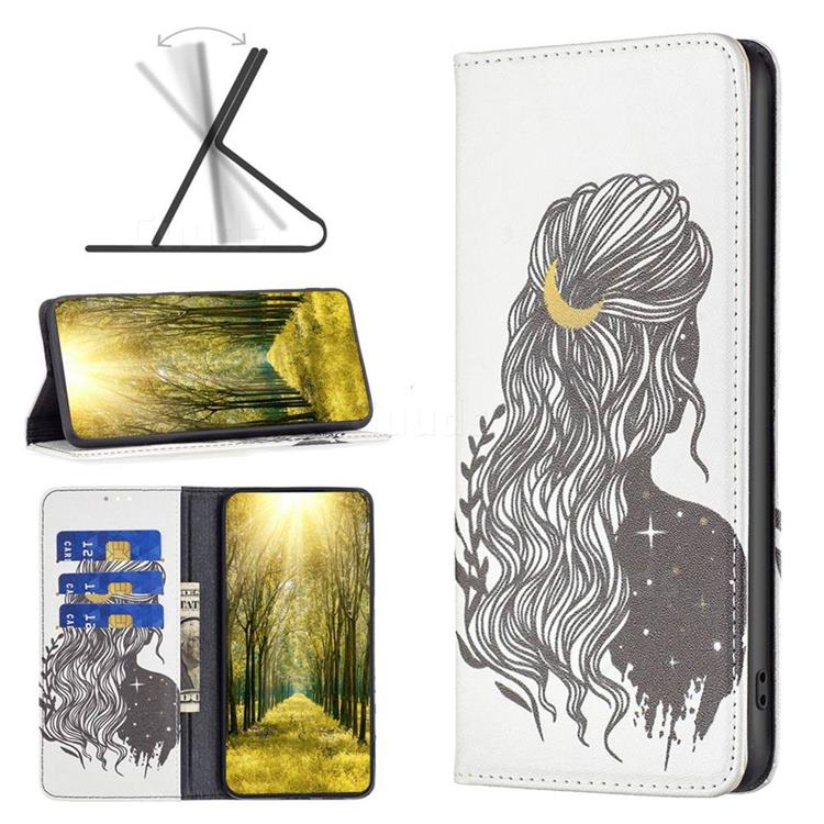Girl with Long Hair Slim Magnetic Attraction Wallet Flip Cover for iPhone 14 Pro Max (6.7 inch)