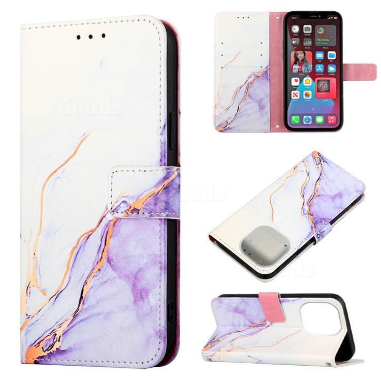 Purple White Marble Leather Wallet Protective Case for iPhone 14 Pro Max (6.7 inch)