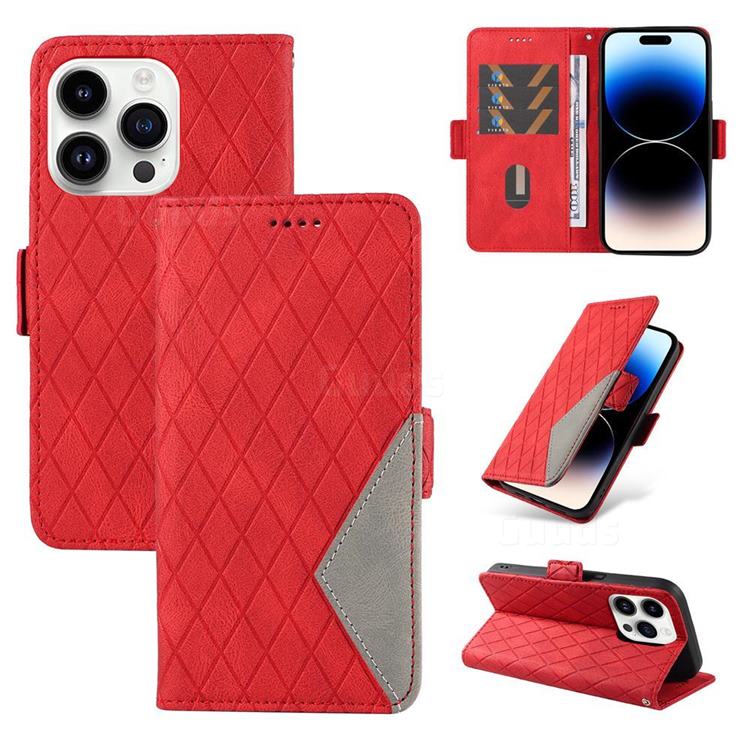 Grid Pattern Splicing Protective Wallet Case Cover for iPhone 14 Pro Max (6.7 inch) - Red