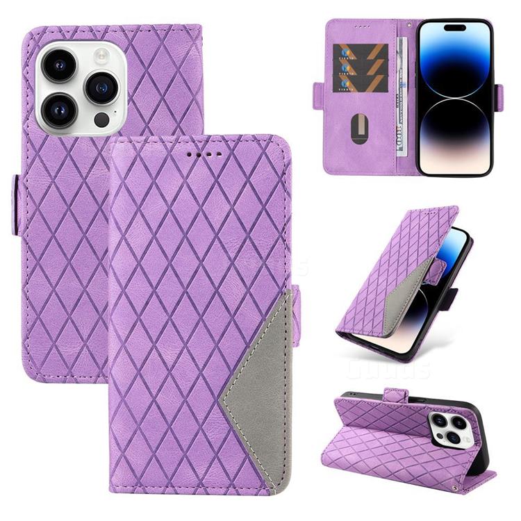Grid Pattern Splicing Protective Wallet Case Cover for iPhone 14 Pro Max (6.7 inch) - Purple