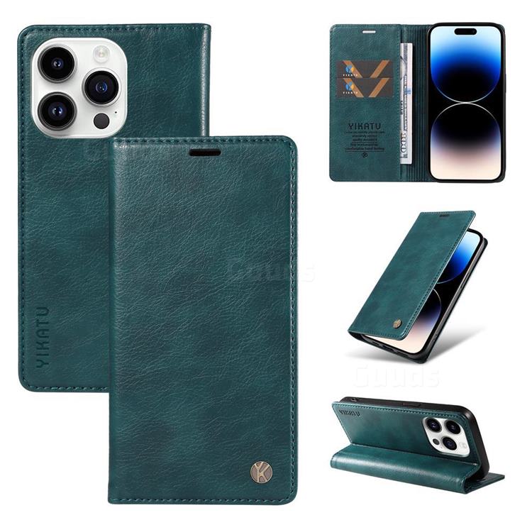 YIKATU Litchi Card Magnetic Automatic Suction Leather Flip Cover for iPhone 14 Pro Max (6.7 inch) - Dark Blue
