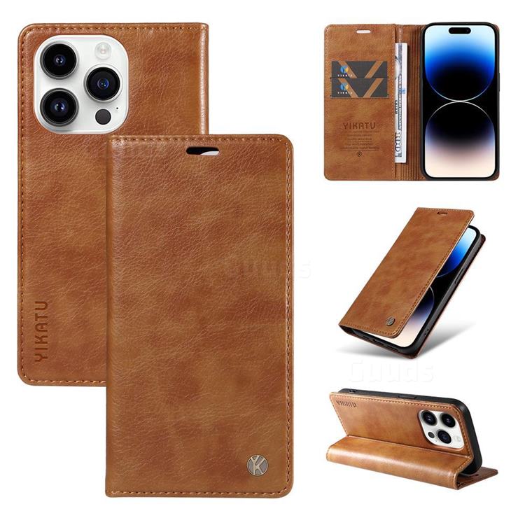 YIKATU Litchi Card Magnetic Automatic Suction Leather Flip Cover for iPhone 14 Pro Max (6.7 inch) - Brown