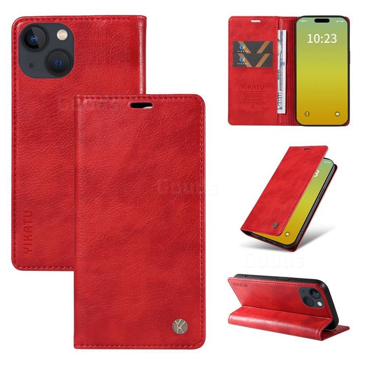 YIKATU Litchi Card Magnetic Automatic Suction Leather Flip Cover for iPhone 15 (6.1 inch) - Bright Red