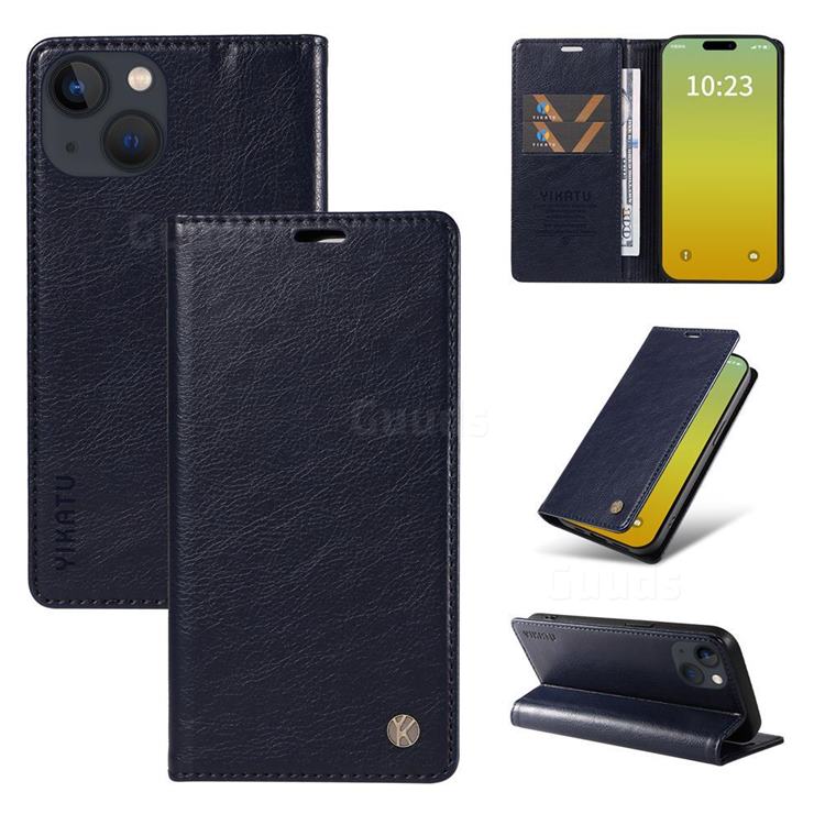 YIKATU Litchi Card Magnetic Automatic Suction Leather Flip Cover for iPhone 15 (6.1 inch) - Navy Blue