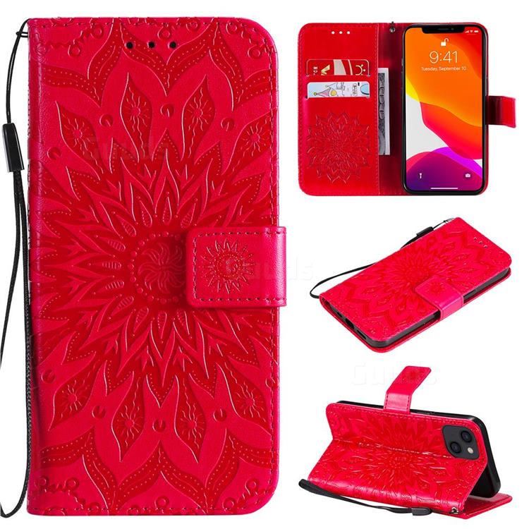 Embossing Sunflower Leather Wallet Case for iPhone 15 (6.1 inch) - Red