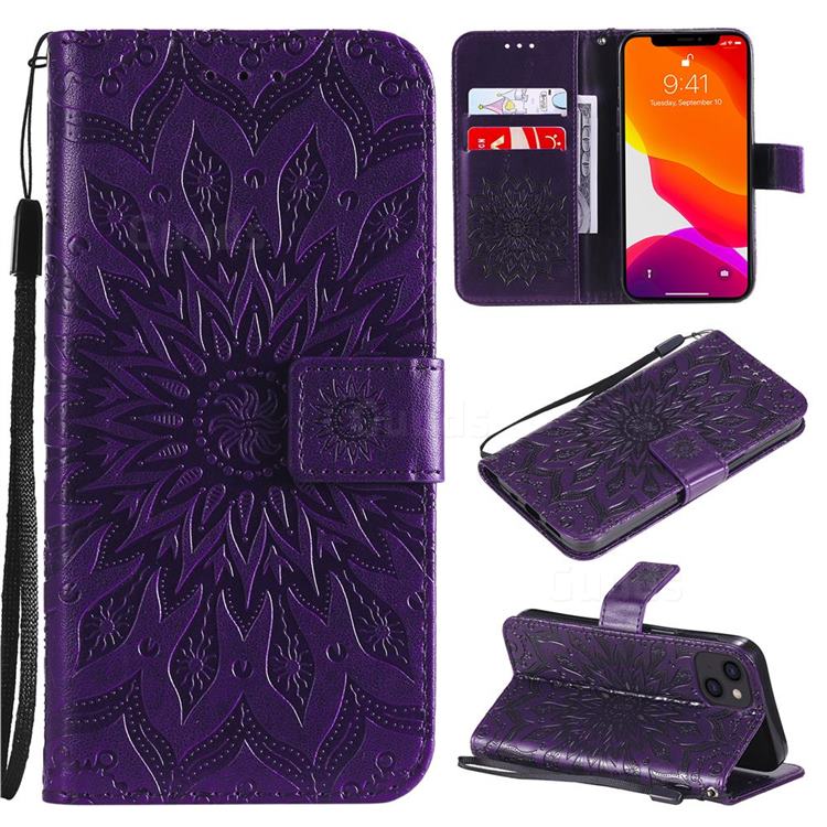 Embossing Sunflower Leather Wallet Case for iPhone 15 (6.1 inch) - Purple