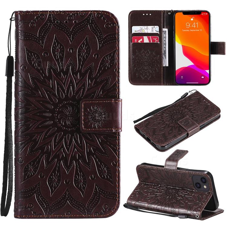 Embossing Sunflower Leather Wallet Case for iPhone 15 (6.1 inch) - Brown