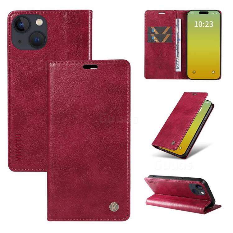YIKATU Litchi Card Magnetic Automatic Suction Leather Flip Cover for iPhone 15 Plus (6.7 inch) - Wine Red