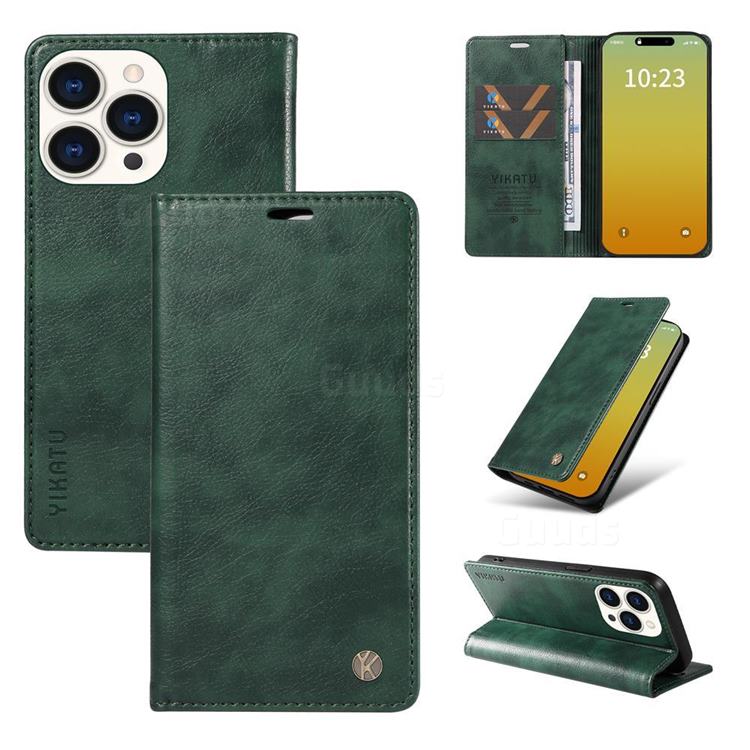 YIKATU Litchi Card Magnetic Automatic Suction Leather Flip Cover for iPhone 15 Pro (6.1 inch) - Green