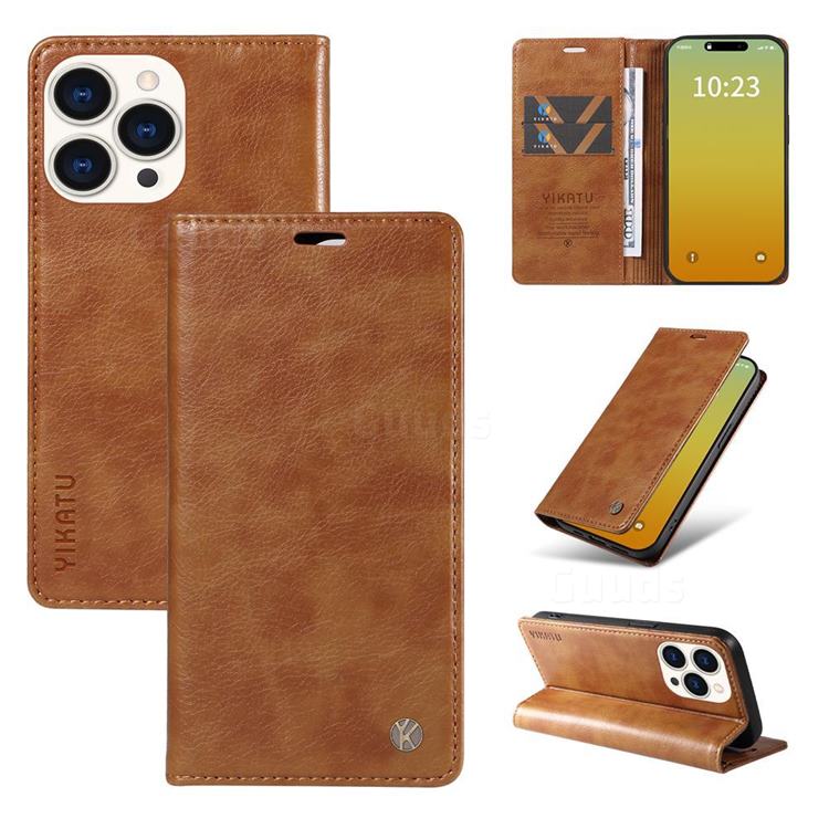 YIKATU Litchi Card Magnetic Automatic Suction Leather Flip Cover for iPhone 15 Pro (6.1 inch) - Brown