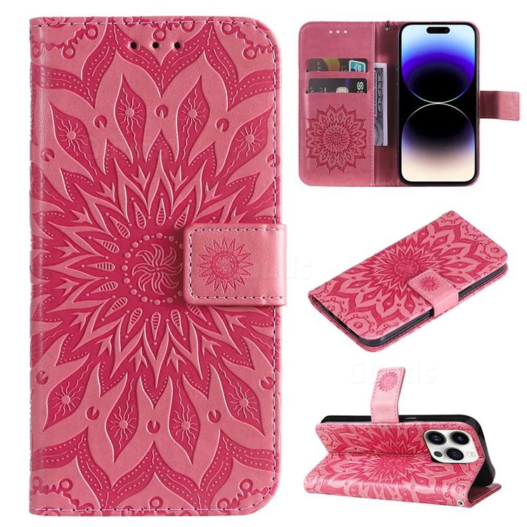 Embossing Sunflower Leather Wallet Case for iPhone 15 Pro (6.1 inch) - Pink