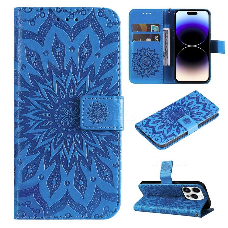 Embossing Sunflower Leather Wallet Case for iPhone 15 Pro (6.1 inch) - Blue