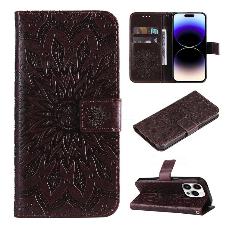 Embossing Sunflower Leather Wallet Case for iPhone 15 Pro (6.1 inch) - Brown