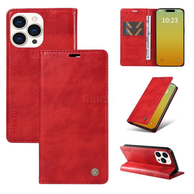 YIKATU Litchi Card Magnetic Automatic Suction Leather Flip Cover for iPhone 15 Pro Max (6.7 inch) - Bright Red