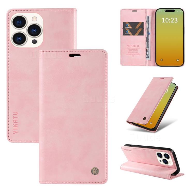 YIKATU Litchi Card Magnetic Automatic Suction Leather Flip Cover for iPhone 15 Pro Max (6.7 inch) - Pink