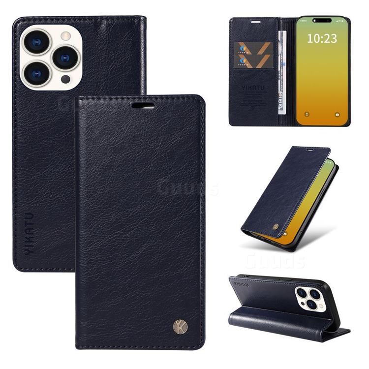 YIKATU Litchi Card Magnetic Automatic Suction Leather Flip Cover for iPhone 15 Pro Max (6.7 inch) - Navy Blue