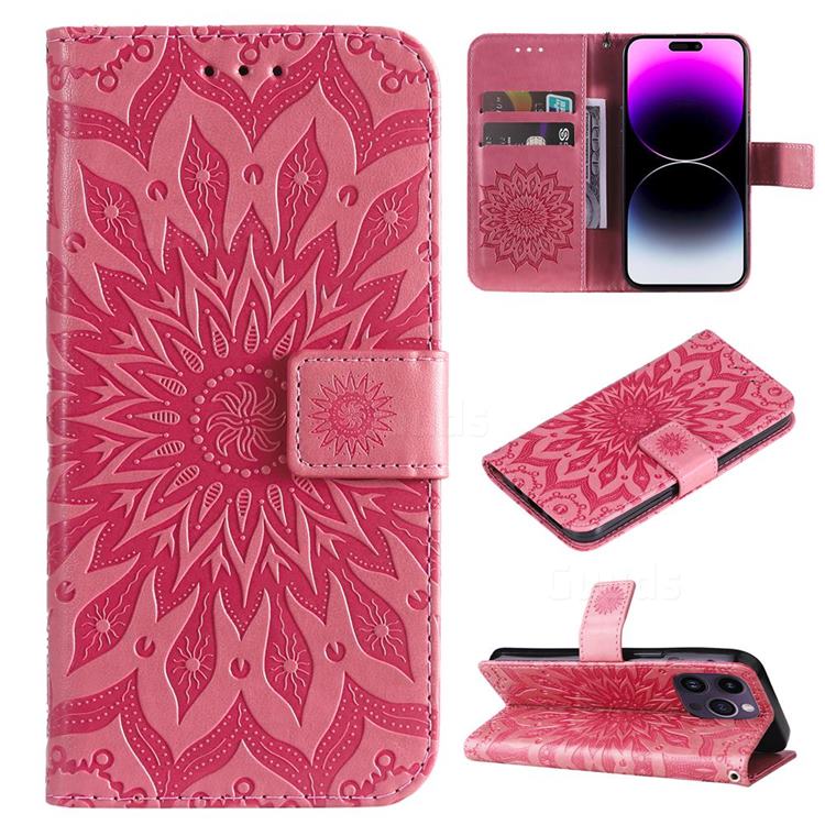 Embossing Sunflower Leather Wallet Case for iPhone 15 Pro Max (6.7 inch) - Pink