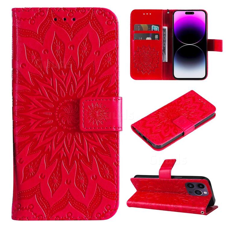 Embossing Sunflower Leather Wallet Case for iPhone 15 Pro Max (6.7 inch) - Red