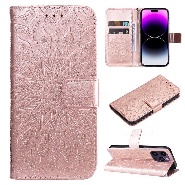 Embossing Sunflower Leather Wallet Case for iPhone 15 Pro Max (6.7 inch) - Rose Gold