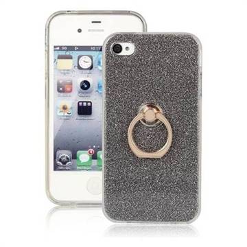 Luxury Soft TPU Glitter Back Ring Cover with 360 Rotate Finger Holder Buckle for iPhone 4s 4 - Black