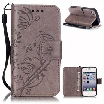 Embossing Butterfly Flower Leather Wallet Case for iPhone 4s / iPhone 4 - Grey
