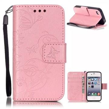 Embossing Butterfly Flower Leather Wallet Case for iPhone 4s / iPhone 4 - Pink