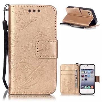Embossing Butterfly Flower Leather Wallet Case for iPhone 4s / iPhone 4 - Champagne