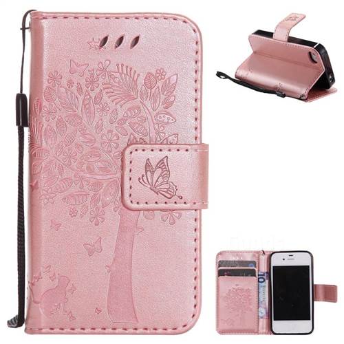 Embossing Butterfly Tree Leather Wallet Case for iPhone 4s 4 - Rose Pink