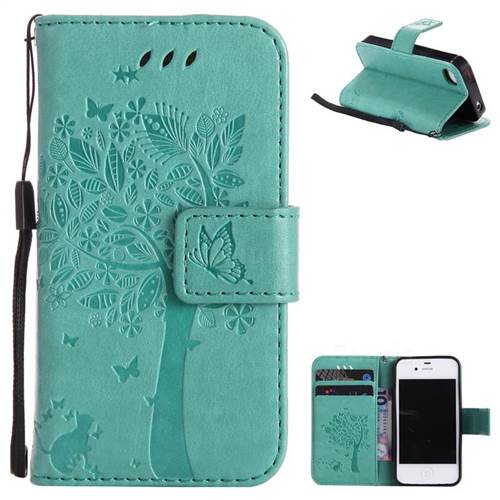 Embossing Butterfly Tree Leather Wallet Case for iPhone 4s 4 - Cyan