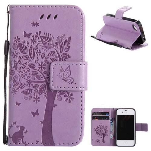 Embossing Butterfly Tree Leather Wallet Case for iPhone 4s 4 - Violet