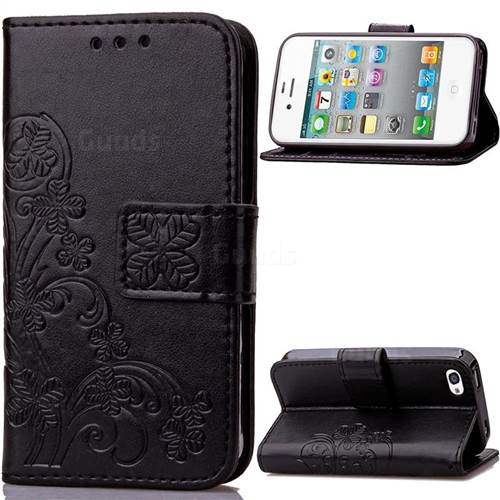 Embossing Imprint Four-Leaf Clover Leather Wallet Case for iPhone 4s 4 - Black