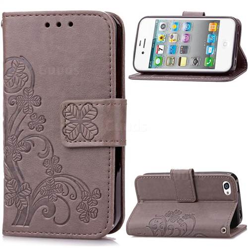 Embossing Imprint Four-Leaf Clover Leather Wallet Case for iPhone 4s 4 - Gray