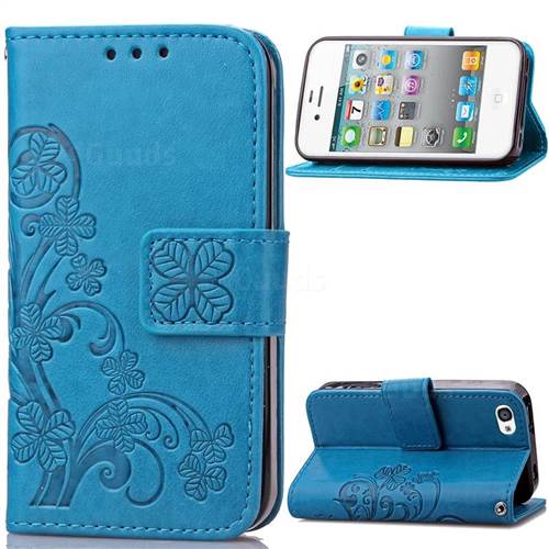 Embossing Imprint Four-Leaf Clover Leather Wallet Case for iPhone 4s 4 - Blue