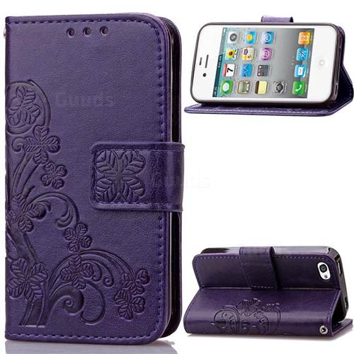 Embossing Imprint Four-Leaf Clover Leather Wallet Case for iPhone 4s 4 - Purple